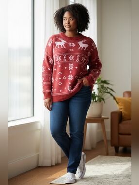 Coldwater Creek Red Holiday Reindeer Knit Sweater Winter Heavy Fair Isle